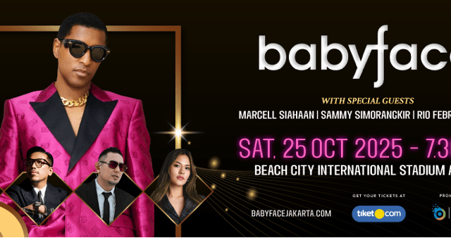Babyface Live in Jakarta 2025 Officially Rescheduled to Saturday, October 25, 2025  At Beach City International Stadium, Ancol  The show will be even more spectacular with Special Guests from Indonesia:  Raisa, Marcell Siahaan, Rio Febrian, and Sammy Simorangkir.  Tickets available at babyfacejakarta.com